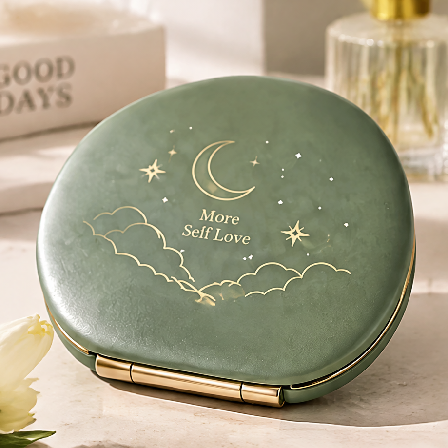 Crescent Moon Folding LED Makeup Mirror with Storage Base – Portable Smart Touch Screen Vanity Mirror with Ring Light for Desktop & Travel