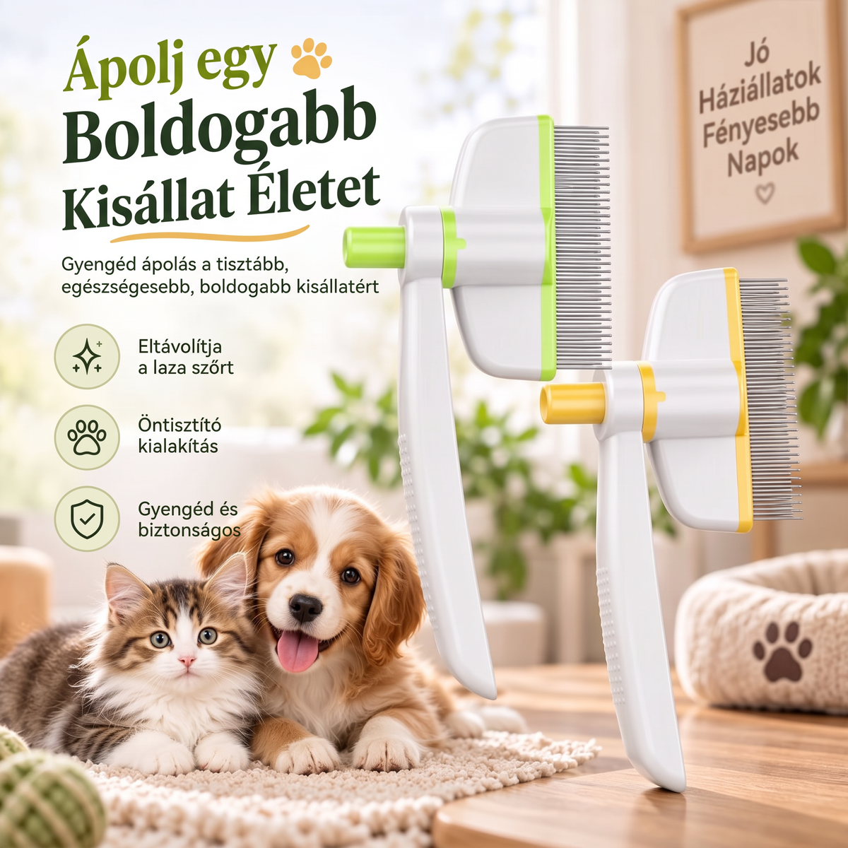 Forgó kisállat ápoló fésű gombos szőrkidobó funkcióval