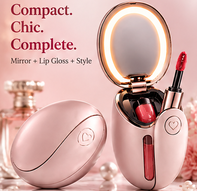 2-in-1 Portable LED Lip Gloss Case with Lighted Mirror – 3-Color Dimmable Touch Screen Compact Makeup Kit with Soft Precision Applicator for Travel & On-the-Go Touch-Ups