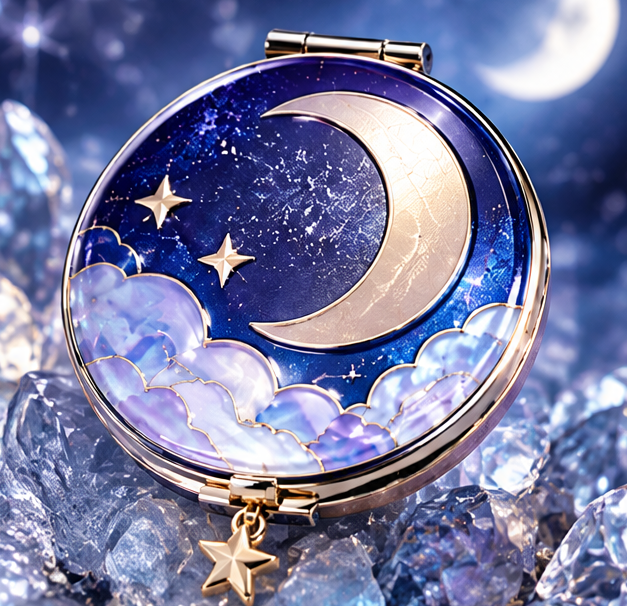 Celestial Star & Moon Round Compact Makeup Mirror – Portable Dual-Sided Folding Pocket Mirror with Charm Pendant for Purse & Travel