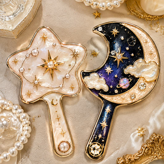 Celestial Star & Crescent Moon Handheld Makeup Mirror – Vintage Aesthetic Rhinestone Pearl Vanity Hand Mirror for Beauty, Skincare & Gift