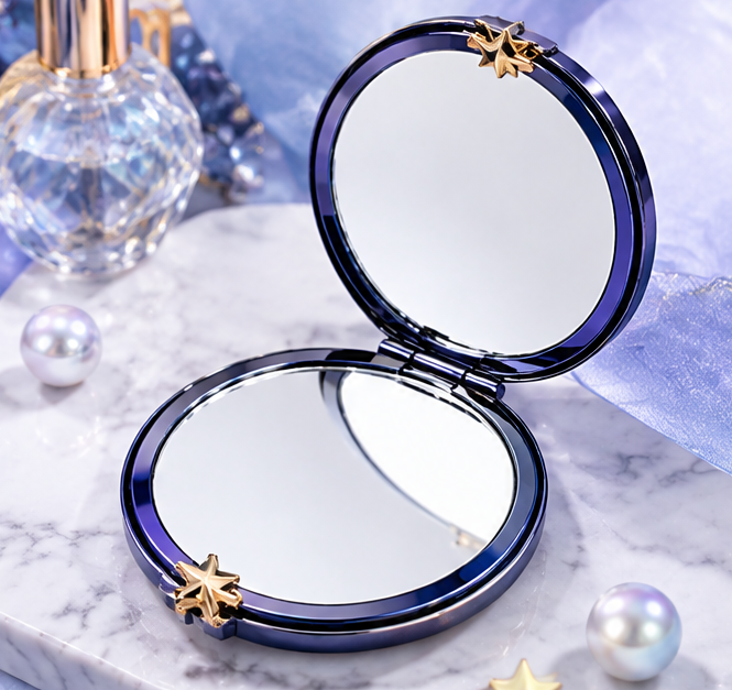 Celestial Star & Moon Round Compact Makeup Mirror – Portable Dual-Sided Folding Pocket Mirror with Charm Pendant for Purse & Travel