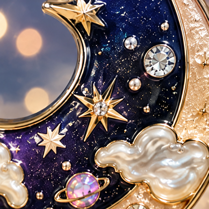 Celestial Star & Crescent Moon Handheld Makeup Mirror – Vintage Aesthetic Rhinestone Pearl Vanity Hand Mirror for Beauty, Skincare & Gift