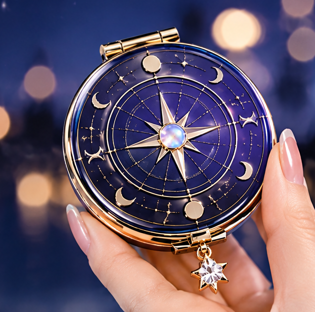 Celestial Star & Moon Round Compact Makeup Mirror – Portable Dual-Sided Folding Pocket Mirror with Charm Pendant for Purse & Travel