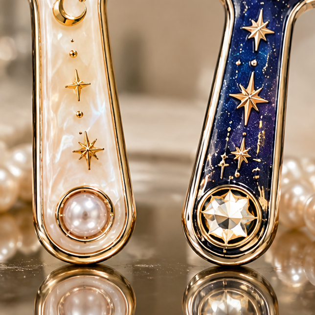 Celestial Star & Crescent Moon Handheld Makeup Mirror – Vintage Aesthetic Rhinestone Pearl Vanity Hand Mirror for Beauty, Skincare & Gift