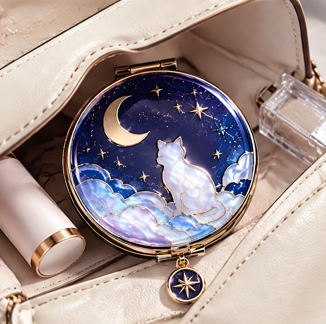 Celestial Star & Moon Round Compact Makeup Mirror – Portable Dual-Sided Folding Pocket Mirror with Charm Pendant for Purse & Travel