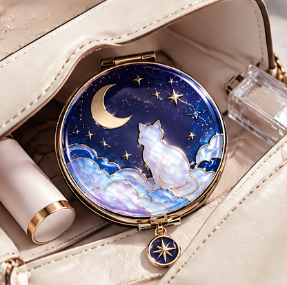 Celestial Star & Moon Round Compact Makeup Mirror – Portable Dual-Sided Folding Pocket Mirror with Charm Pendant for Purse & Travel