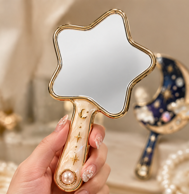 Celestial Star & Crescent Moon Handheld Makeup Mirror – Vintage Aesthetic Rhinestone Pearl Vanity Hand Mirror for Beauty, Skincare & Gift