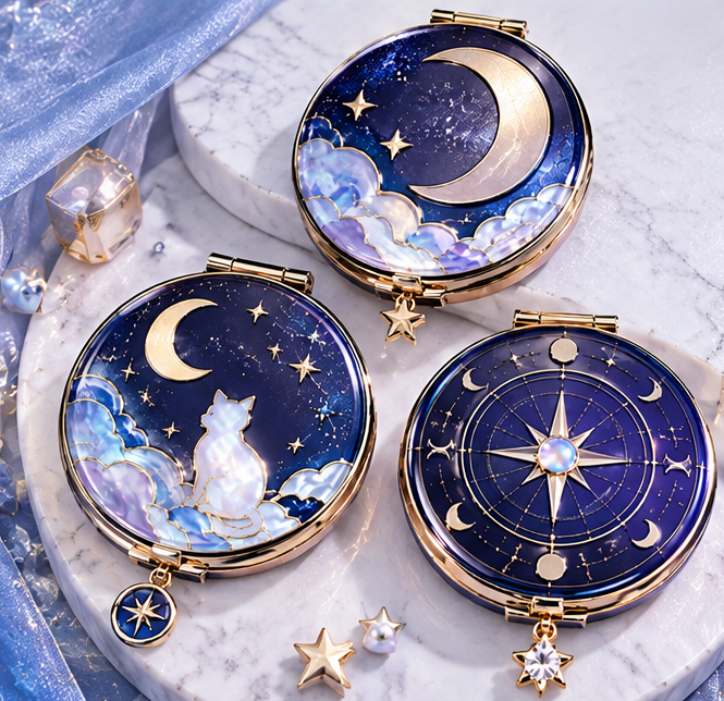 Celestial Star & Moon Round Compact Makeup Mirror – Portable Dual-Sided Folding Pocket Mirror with Charm Pendant for Purse & Travel