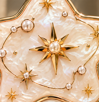 Celestial Star & Crescent Moon Handheld Makeup Mirror – Vintage Aesthetic Rhinestone Pearl Vanity Hand Mirror for Beauty, Skincare & Gift