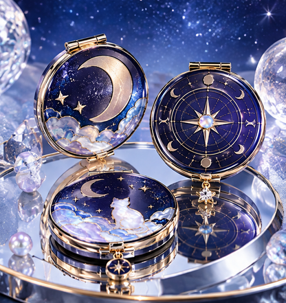 Celestial Star & Moon Round Compact Makeup Mirror – Portable Dual-Sided Folding Pocket Mirror with Charm Pendant for Purse & Travel