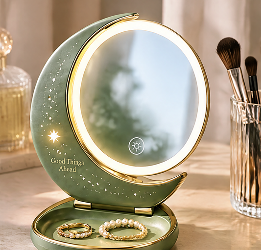 Crescent Moon Folding LED Makeup Mirror with Storage Base – Portable Smart Touch Screen Vanity Mirror with Ring Light for Desktop & Travel