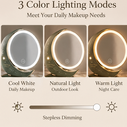 Crescent Moon Folding LED Makeup Mirror with Storage Base – Portable Smart Touch Screen Vanity Mirror with Ring Light for Desktop & Travel