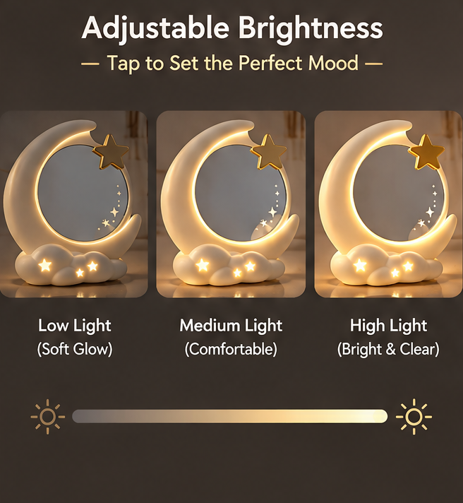 Cute Crescent Moon & Cloud LED Makeup Mirror – Desktop Vanity Mirror with Ambient Star Base Light for Skincare & Room Decor