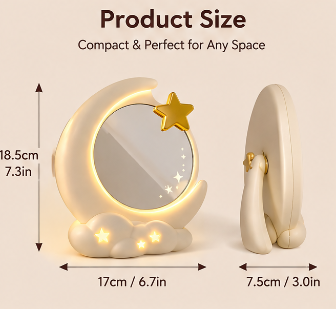 Cute Crescent Moon & Cloud LED Makeup Mirror – Desktop Vanity Mirror with Ambient Star Base Light for Skincare & Room Decor