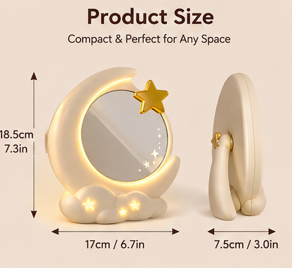 Cute Crescent Moon & Cloud LED Makeup Mirror – Desktop Vanity Mirror with Ambient Star Base Light for Skincare & Room Decor