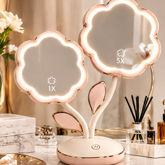 Dual Flower LED Makeup Mirror with 1X/5X Magnification – Smart Touch Screen Lighted Vanity Mirror with Rose Gold Accents for Desktop & Cosmetics