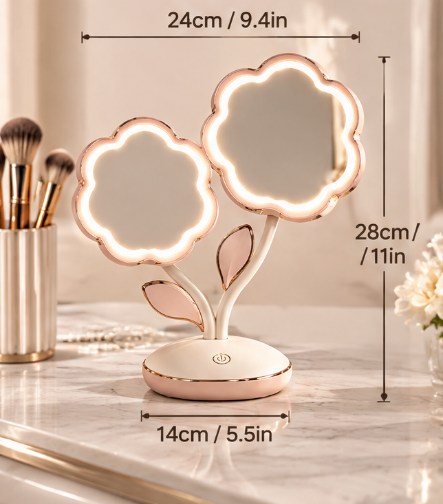 Dual Flower LED Makeup Mirror with 1X/5X Magnification – Smart Touch Screen Lighted Vanity Mirror with Rose Gold Accents for Desktop & Cosmetics