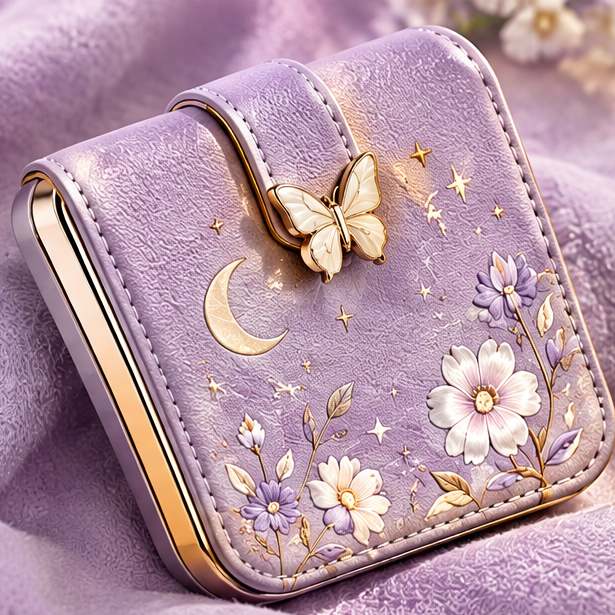 Floral & Celestial LED Compact Makeup Mirror, Portable Folding Square Travel Mirror with Light, Faux Leather Pocket Mirror with Butterfly Clasp for Purse & Travel