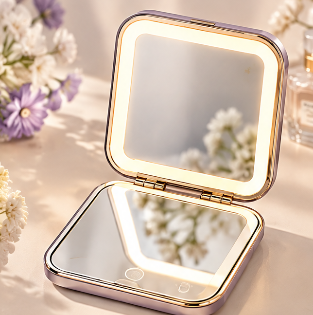 Floral & Celestial LED Compact Makeup Mirror, Portable Folding Square Travel Mirror with Light, Faux Leather Pocket Mirror with Butterfly Clasp for Purse & Travel