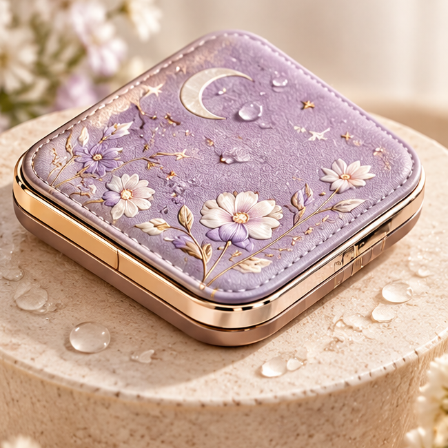 Floral & Celestial LED Compact Makeup Mirror, Portable Folding Square Travel Mirror with Light, Faux Leather Pocket Mirror with Butterfly Clasp for Purse & Travel