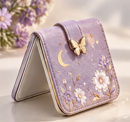 Floral & Celestial LED Compact Makeup Mirror, Portable Folding Square Travel Mirror with Light, Faux Leather Pocket Mirror with Butterfly Clasp for Purse & Travel