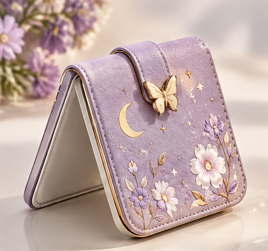 Floral & Celestial LED Compact Makeup Mirror, Portable Folding Square Travel Mirror with Light, Faux Leather Pocket Mirror with Butterfly Clasp for Purse & Travel