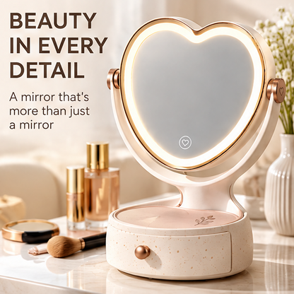 Heart-Shaped LED Makeup Mirror with Storage Drawer, 360° Swivel Tabletop Lighted Vanity Mirror with Touch Sensor, Aesthetic Cosmetic Organizer for Bedroom & Vanity Decor