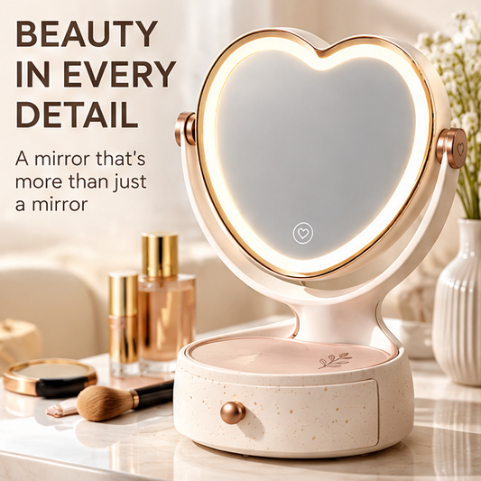 Heart-Shaped LED Makeup Mirror with Storage Drawer, 360° Swivel Tabletop Lighted Vanity Mirror with Touch Sensor, Aesthetic Cosmetic Organizer for Bedroom & Vanity Decor