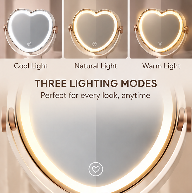 Heart-Shaped LED Makeup Mirror with Storage Drawer, 360° Swivel Tabletop Lighted Vanity Mirror with Touch Sensor, Aesthetic Cosmetic Organizer for Bedroom & Vanity Decor