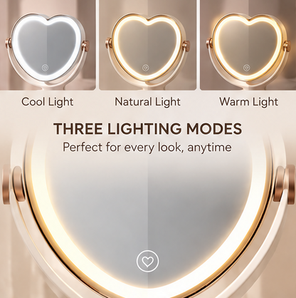 Heart-Shaped LED Makeup Mirror with Storage Drawer, 360° Swivel Tabletop Lighted Vanity Mirror with Touch Sensor, Aesthetic Cosmetic Organizer for Bedroom & Vanity Decor