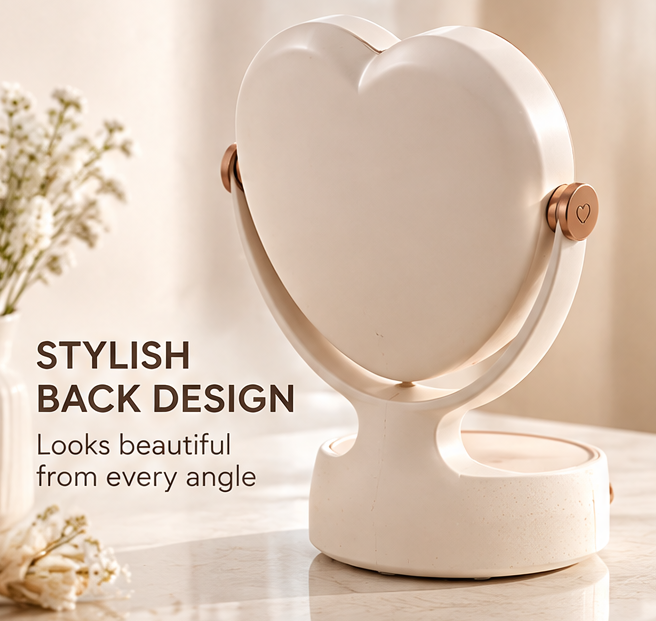 Heart-Shaped LED Makeup Mirror with Storage Drawer, 360° Swivel Tabletop Lighted Vanity Mirror with Touch Sensor, Aesthetic Cosmetic Organizer for Bedroom & Vanity Decor