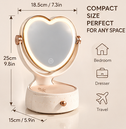 Heart-Shaped LED Makeup Mirror with Storage Drawer, 360° Swivel Tabletop Lighted Vanity Mirror with Touch Sensor, Aesthetic Cosmetic Organizer for Bedroom & Vanity Decor