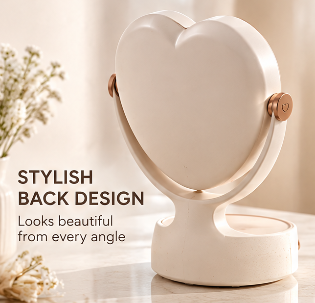 Heart-Shaped LED Makeup Mirror with Storage Drawer, 360° Swivel Tabletop Lighted Vanity Mirror with Touch Sensor, Aesthetic Cosmetic Organizer for Bedroom & Vanity Decor