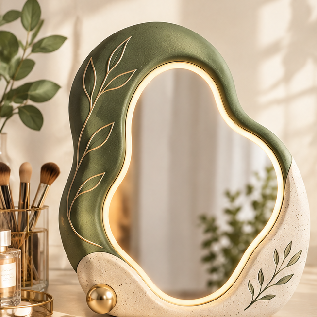 Irregular LED Vanity Mirror with Botanical Relief, Aesthetic Tabletop Lighted Makeup Mirror with Touch Switch, Modern Decorative Desk Mirror for Bedroom & Vanity Decor