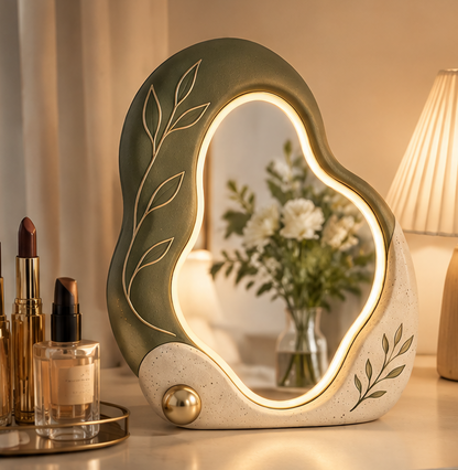 Irregular LED Vanity Mirror with Botanical Relief, Aesthetic Tabletop Lighted Makeup Mirror with Touch Switch, Modern Decorative Desk Mirror for Bedroom & Vanity Decor