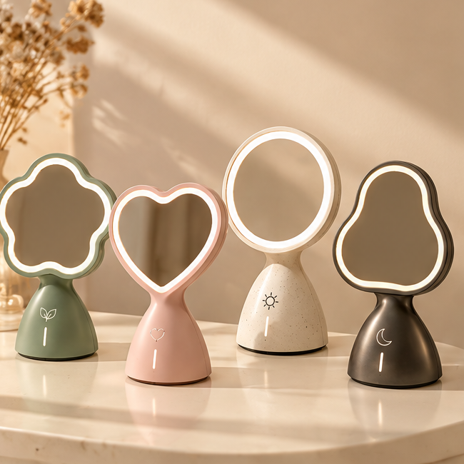 Nordic Aesthetic LED Makeup Mirror – Creative Shaped Desktop Lighted Vanity Mirror with Smart Touch Control for Bedroom, Skincare & Tabletop Decor