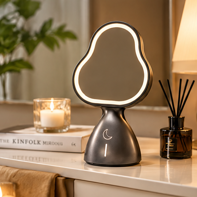 Nordic Aesthetic LED Makeup Mirror – Creative Shaped Desktop Lighted Vanity Mirror with Smart Touch Control for Bedroom, Skincare & Tabletop Decor