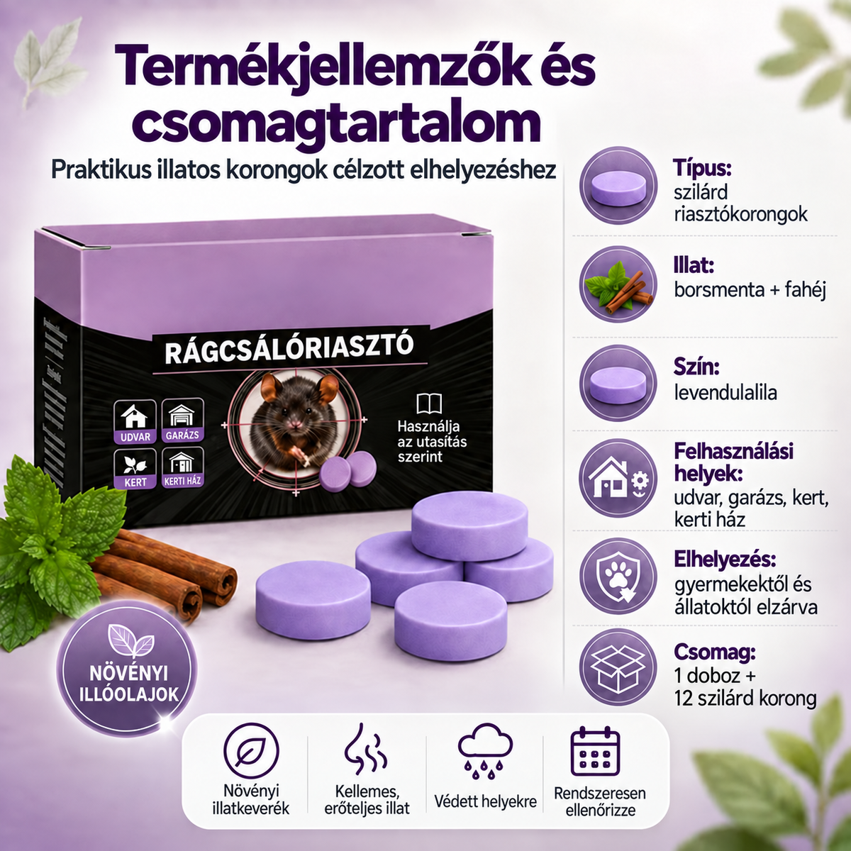 Természetes illatos kártevőriasztó korongok – többzónás védelem otthonra, garázsba és kültérre